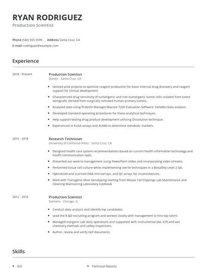 Production Scientist Resume