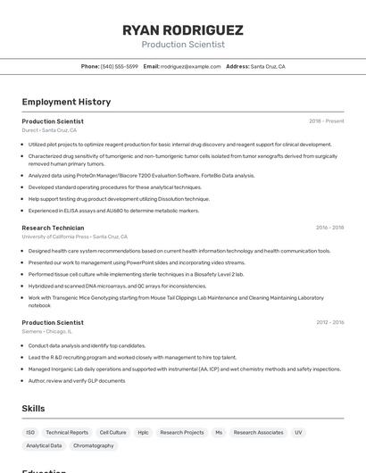 Production Scientist Resume