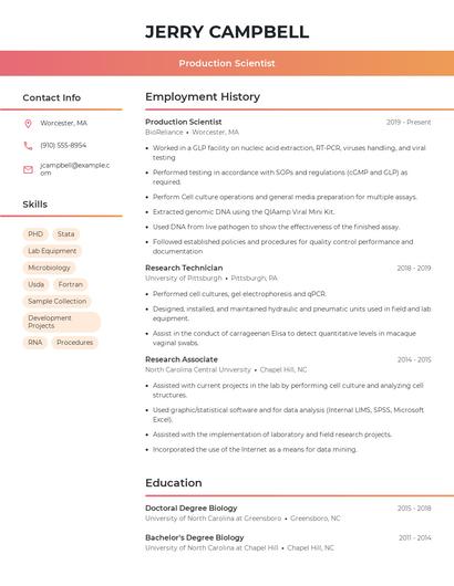 Production Scientist Resume