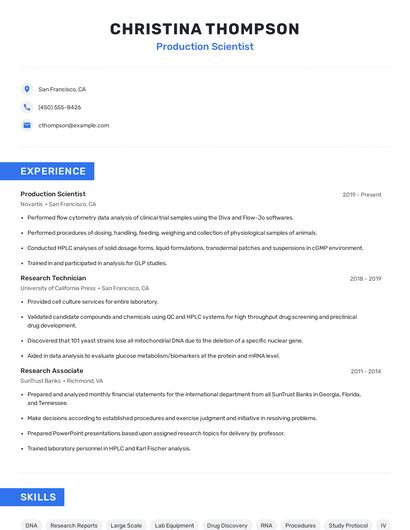 Production Scientist Resume
