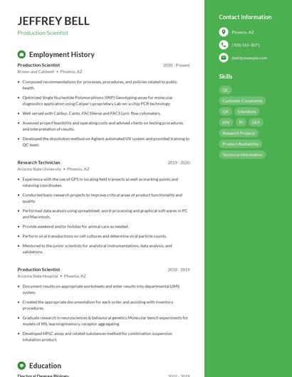 Production Scientist Resume