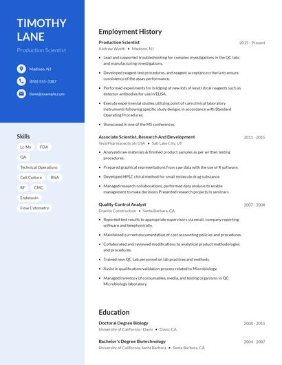 Production Scientist Resume