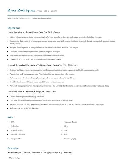 Production Scientist Resume