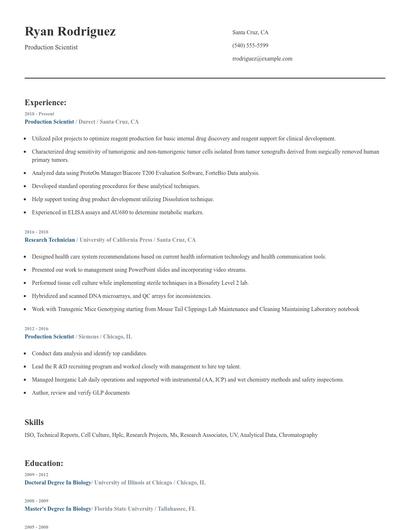 Production Scientist Resume