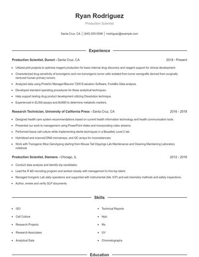 Production Scientist Resume