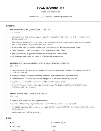 Production Scientist Resume