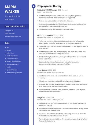 Production Shift Manager Resume