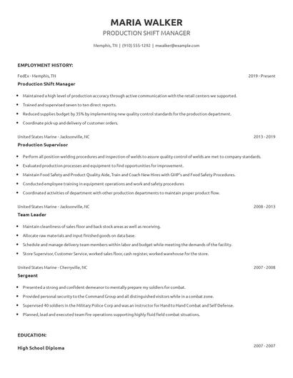 Production Shift Manager Resume