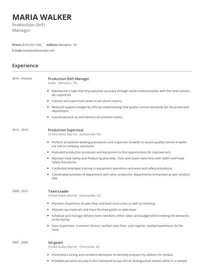 Production Shift Manager Resume
