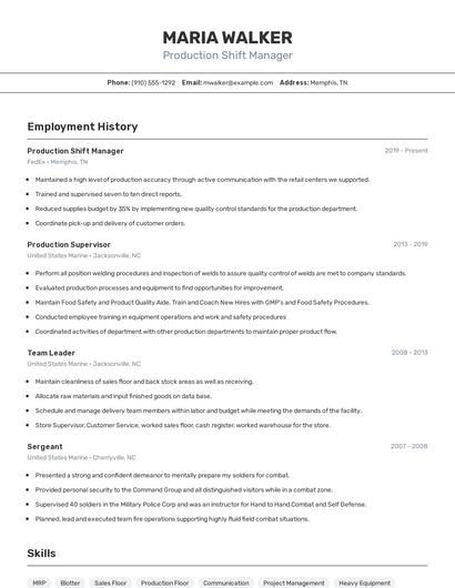 Production Shift Manager Resume