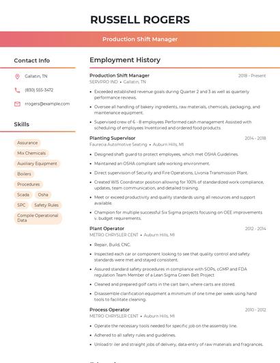 Production Shift Manager Resume