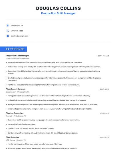 Production Shift Manager Resume