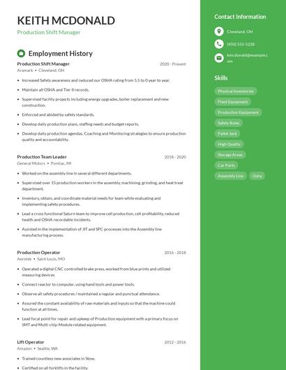 Production Shift Manager Resume