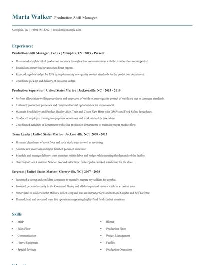 Production Shift Manager Resume