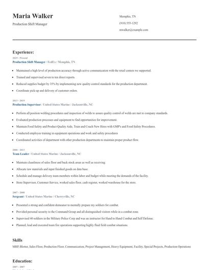 Production Shift Manager Resume