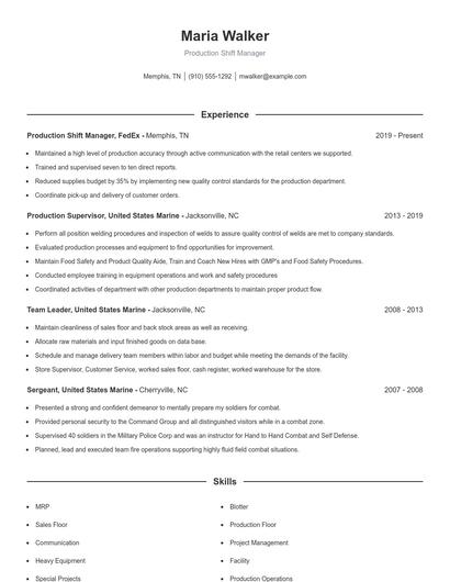 Production Shift Manager Resume