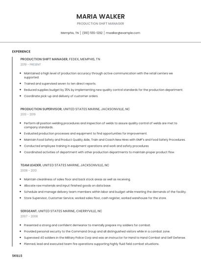 Production Shift Manager Resume