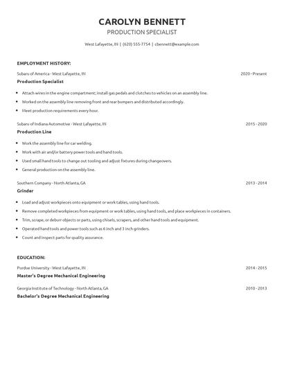 Production Specialist Resume