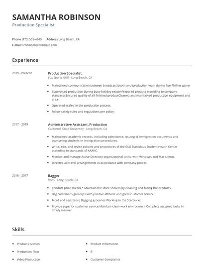 Production Specialist Resume