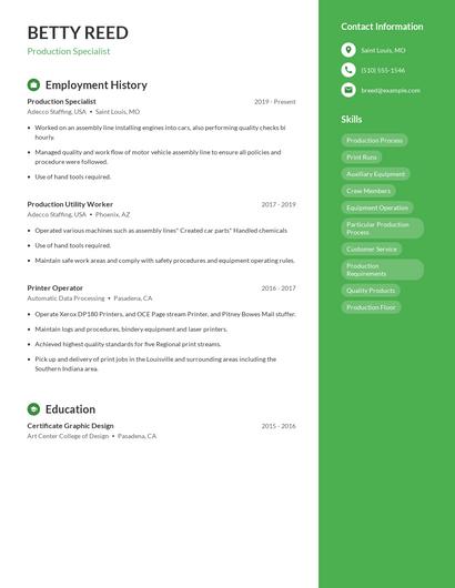 Production Specialist Resume