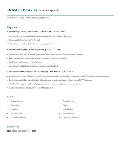 Production Specialist Resume