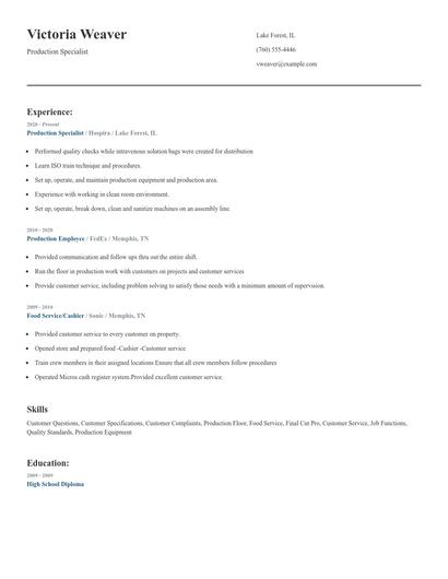 Production Specialist Resume