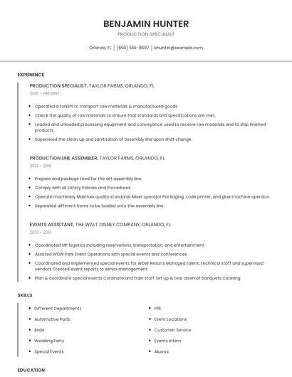 Production Specialist Resume
