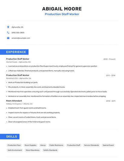 Production Staff Worker Resume