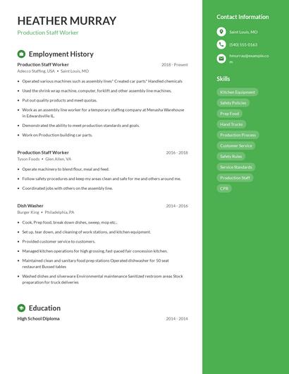 Production Staff Worker Resume