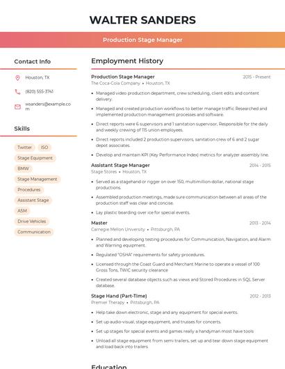Production Stage Manager Resume