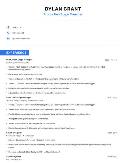 Production Stage Manager Resume