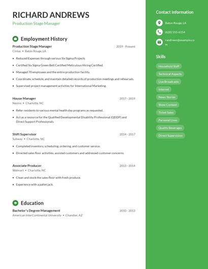 Production Stage Manager Resume