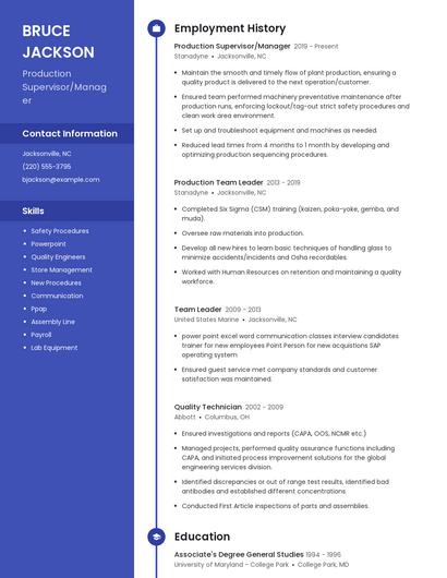 Production Supervisor/Manager Resume