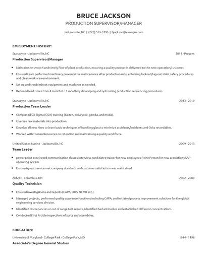 Production Supervisor/Manager Resume