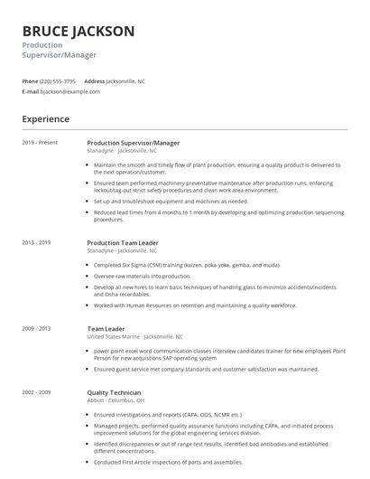Production Supervisor/Manager Resume