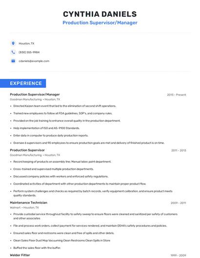 Production Supervisor/Manager Resume