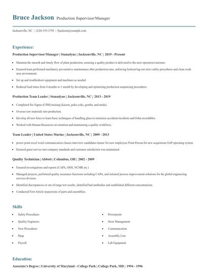 Production Supervisor/Manager Resume