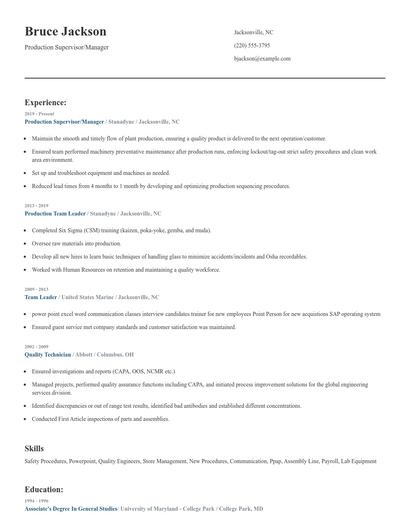 Production Supervisor/Manager Resume