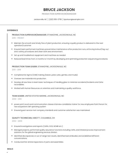 Production Supervisor/Manager Resume