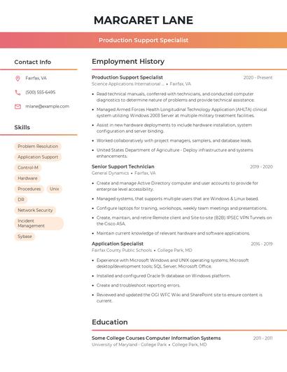 Production Support Specialist Resume