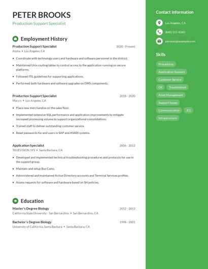 Production Support Specialist Resume