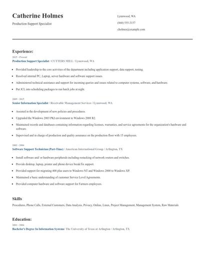 Production Support Specialist Resume