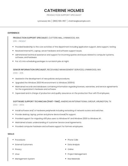 Production Support Specialist Resume
