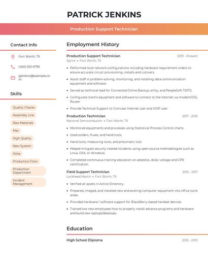 Production Support Technician Resume