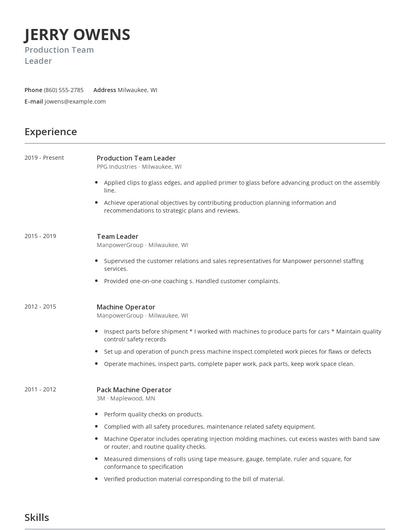 Production Team Leader Resume