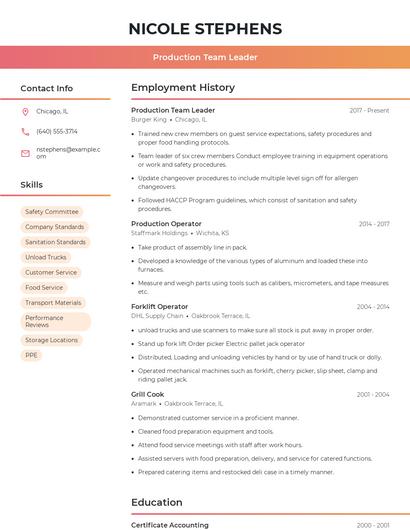 Production Team Leader Resume