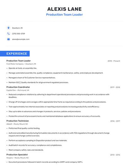 Production Team Leader Resume