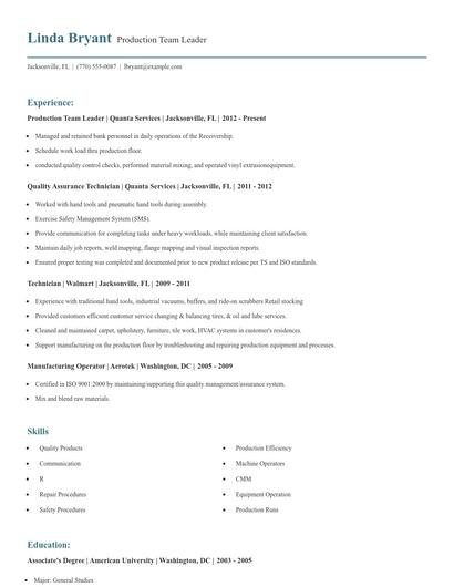 Production Team Leader Resume