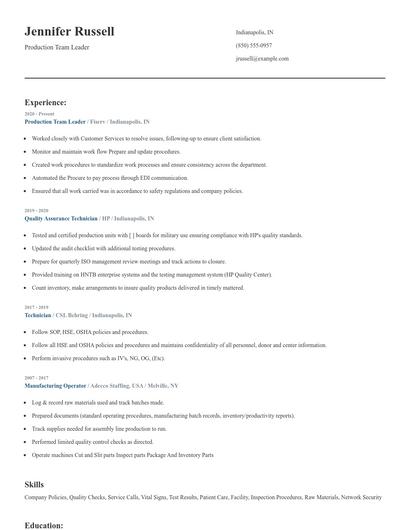 Production Team Leader Resume
