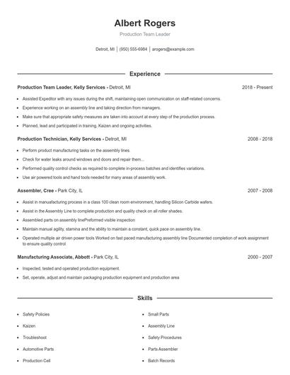Production Team Leader Resume